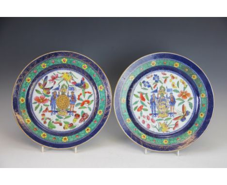 A pair of Chinese porcelain chargers, Qing Dynasty, Qianlong, circa 1790, decorated with the armorial for Admiral Sir Edmund 