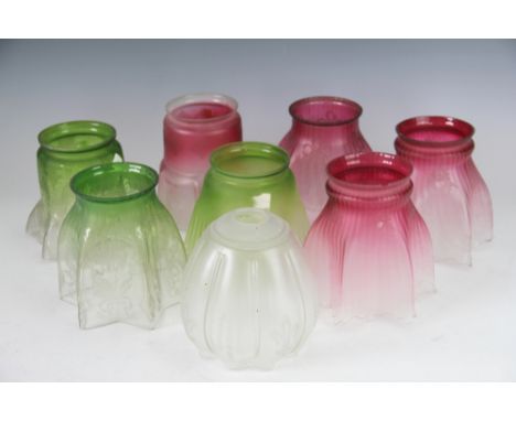 A collection of eight Victorian and later glass light / lamp shades, comprising a pair of frosted and etched ruby glass examp