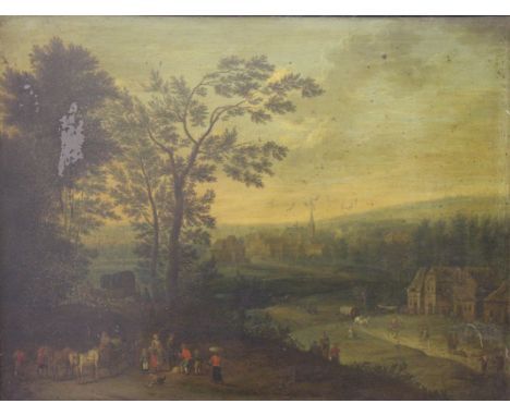 Flemish School - 17th / 18th century,
oil on copper panel,
Landscape with figures and carts on a bank with a village below an