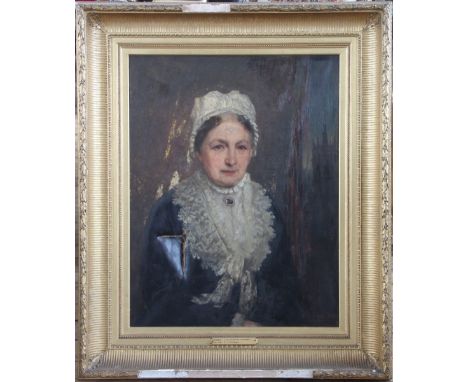 English School - late 19th century,
oil on canvas,
Portrait of Agnes Elinor Wood, DA of Hubbertsy,
67.5cm x 52cm - framed (as