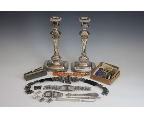 A pair of silver plated candlesticks, 19th century, 32.5cm high, a collection of badges, buttons, commemorative medallions, a