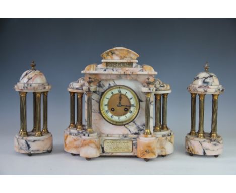 A late 19th century marble and gilt metal clock garniture, of architectural form, the enamel Roman numeral chapter ring with 