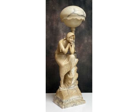 LARGE 19TH CENTURY CONTINENTAL CARVED ALABASTER FIGURAL LAMP, allegorical of 'The Sailor's Return' - a maiden waiting by a ro