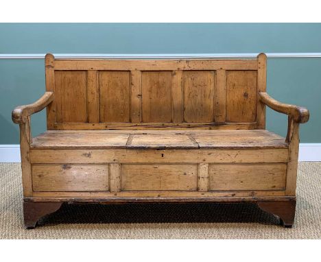 18TH CENTURY-STYLE PINE BOX SETTLE, five panel back above downswept arms, triple panelled front and bracket feet, 94h x 142w 