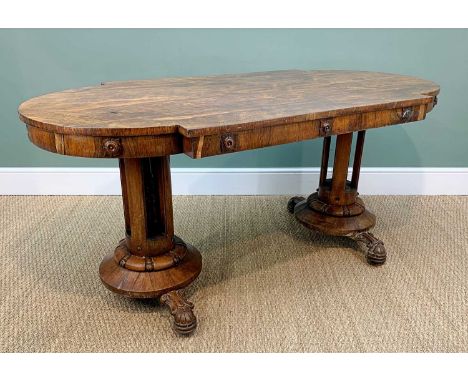 EARLY VICTORIAN ROSEWOOD LIBRARY TABLE, the top with rounded ends and outset sides, frieze applied with square foliate bosses