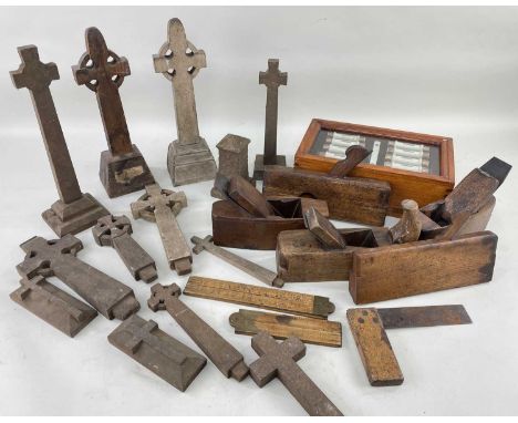 ASSORTED MODEL CELTIC CROSSES & WOODWORKING TOOLS, including 5 planes and 2 square rules and a box of ceramic fuses.Provenanc