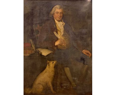 EARLY 19TH CENTURY PROVINCIAL ENGLISH SCHOOL oil on canvas - portrait of a gentleman and dog, seated beside books, quills, in