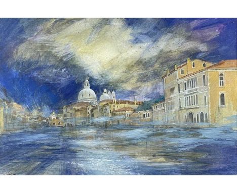 ‡ RONALD LOWE (1932-1985) mixed media - Venetian canal scene, entitled verso 'Villa Cavalli Franchetti - Evening Light', sign