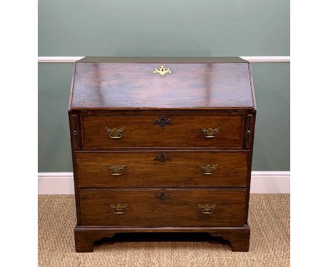 ANGLO-CHINESE PADOUK BUREAU, c. 1800, moulded rectangular fall enclosing fitted interior above three graduated long drawers, 