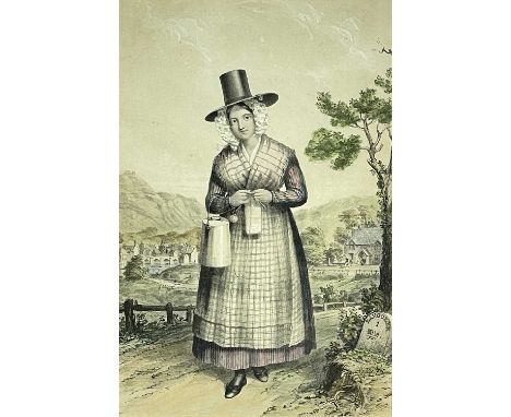 AFTER J.C. ROWLAND,  handcoloured lithograph - 'Jenny Jones' in Welsh costume carrying a pail and knitting on the road to Lla