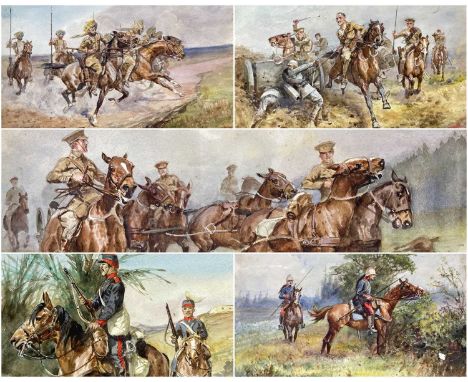 THOMAS IVESTER-LLOYD (1873-1942) watercolours - five WWI cavalry paintings including charging Sikh Lancers, advancing Royal H