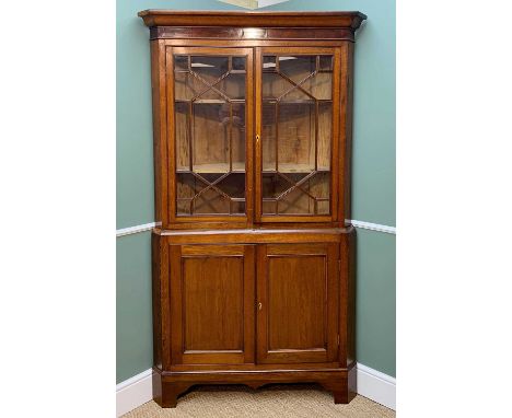 EARLY 19TH CENTURY OAK STANDING CORNER CUPBOARD, ogee cornice, mahogany frieze, reeded astragal glazed doors on cupboard base