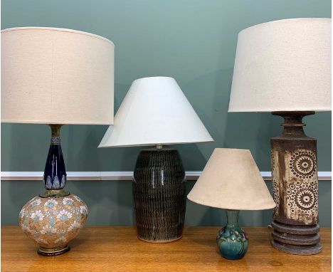 FOUR POTTERY TABLE LAMPS, comprising Doulton Slaters patent stoneware lamp, small Moorcroft lamp, 1970's stoneware lamp and S