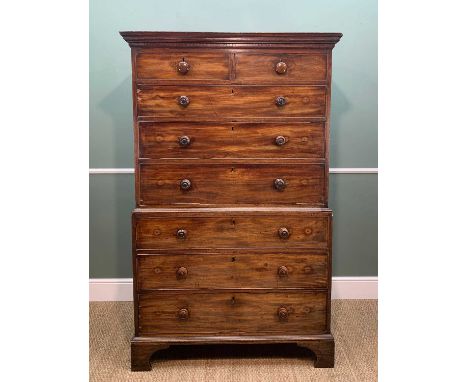 EARLY 19TH CENTURY MAHOGANY TALLBOY CHEST, shaped cornice, fitted arrangement of 8 graduated cockbeaded drawers, bracket feet