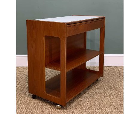 MCINTOSH TEAK COCKTAIL TROLLEY, with cutlery drawer and shelves, formica folding top, stamped 'Oct 1971', castors,75 h x 76 w