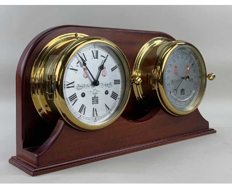 SEWILLS MODERN WEATHER STATION, comprising a bulkhead mount style clock and barometer (with mercury thermometer), in brass ca