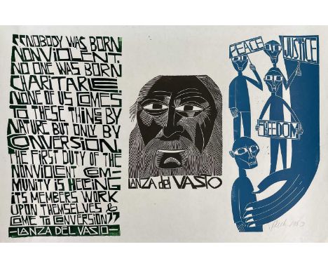 ‡ PAUL PETER PIECH three-colour lithograph - for peace, justice, freedom and verse from Italian philosopher Lanza Del Vasto, 