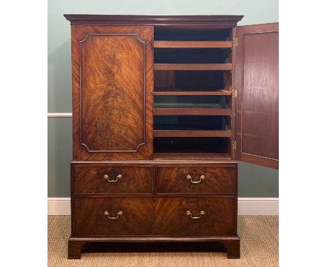 GEORGE III MAHOGANY LINEN PRESS, with dental cornice, above cupboard doors with caddy moulding, enclosing 4 slides, above 3 d
