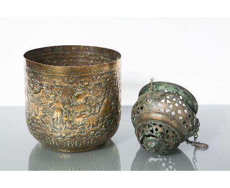 INDIAN BRASS PLANTER AND A PIERCED METAL LANTERN
the planter 21cm high (2) 