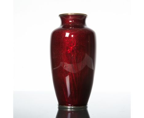 JAPANESE ENAMEL VASE
in red with butterfly and floral motifs, 15.5cm high 