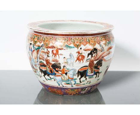 LARGE JAPANESE SATSUMA PLANTER
with figural decoration to the exterior and fish to the interior, 32cm diameter 