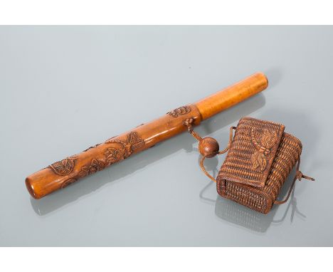 CHINESE PIPE HOLDER WITH TOBACCO BASKET
decorated in relief with dragonfly, 29cm long 