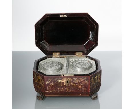 CHINESE LACQUER TEA CADDY
with fitted white metal interior, 19cm wide 