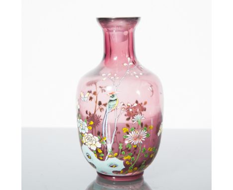 CHINESE PEKING GLASS VASE
with bird and floral enamel decoration, mark to base, 18cm high 