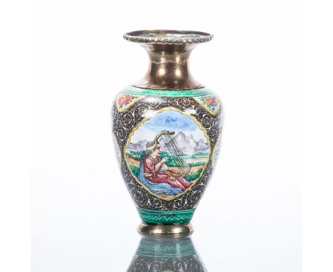 PERSIAN WHITE METAL AND ENAMEL VASE
with figural and animal decoration, 13.5cm high 