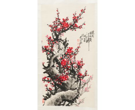 CHINESE SCROLL PAINTING
depicting red blossom, with script and seal stamp 