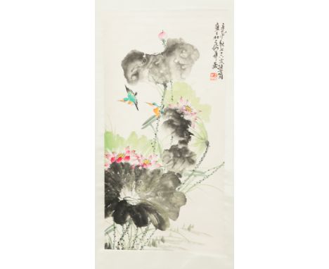 CHINESE SCROLL PAINTING
depicting kingfishers, with script and seal stamp 