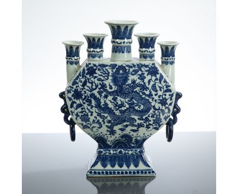 CHINESE BLUE AND WHITE FIVE PLANTER MOON VASE
with dragon to each side, mark to base, 28.5cm high 