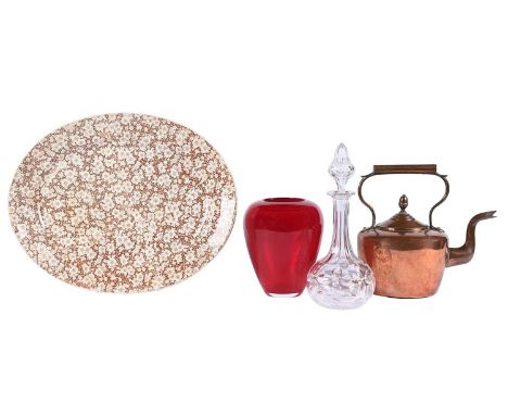 A ruby glass oviform vase, second half 20th c, 20cm h, a Victorian cut glass decanter and stopper, a Victorian copper kettle 