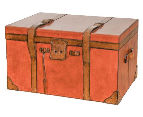 A tan leather covered trunk, in Victorian style with leather hasp and straps, &nbsp;91cm long  