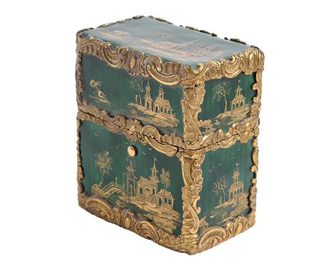 A Samson giltmetal mounted&nbsp; enamel scent casket, late 19th c,&nbsp; decorated with chinoiseries on a translucent green e