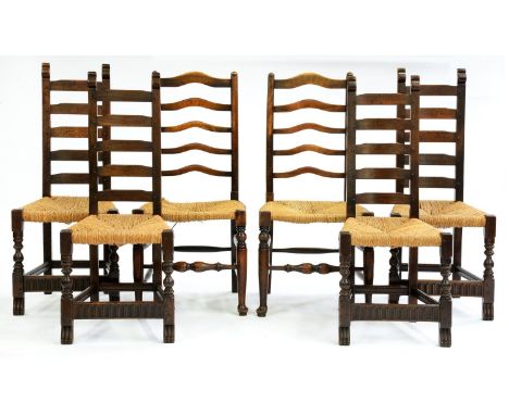 A set of four ash ladder back chairs&nbsp; and a pair of others, beech with rush seat (6)  One damaged