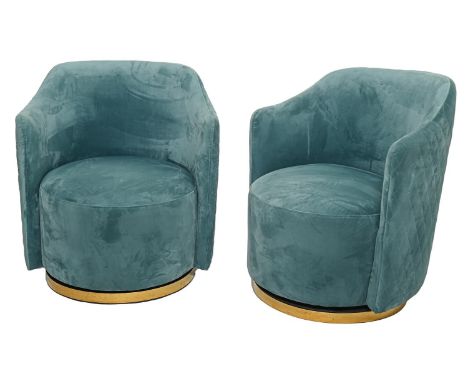 &nbsp;A set of four plain and quilted kingfisher blue velour chairs, on brass ring foot  
