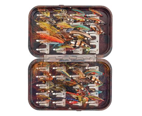 Fly fishing. A vintage Hardy Neroda pocket deep fly box, containing an assortment of flies, 16 x 10cm  Good condition with on