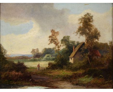 R W Henry, 19th c - Landscape with Woman by a Thatched Cottage, signed, oil on canvas, 37 x 50cm  Restored perhaps in the 197