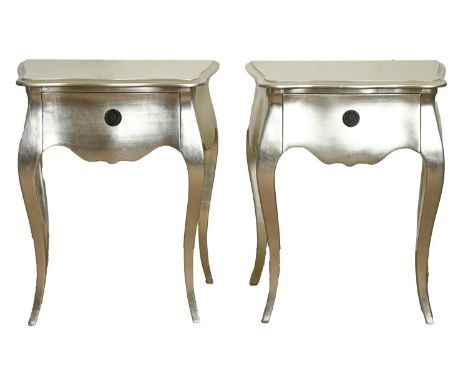 A contemporary silvered wood commode in Louis XV style, 85cm high; 51 x 105cm &nbsp;and a pair of similar bedside tables  