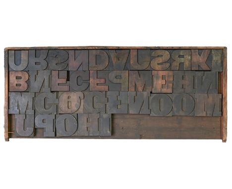 British Letterpress Printing.&nbsp; A case of wood type, (woodletter) first half 20th c, including poster type, 'A' with manu