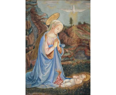After Filippo Lippi - The Adoration of the Christ Child, watercolour and bodycolour, heightened in gilt, 76cm x 53cm, gilt fr