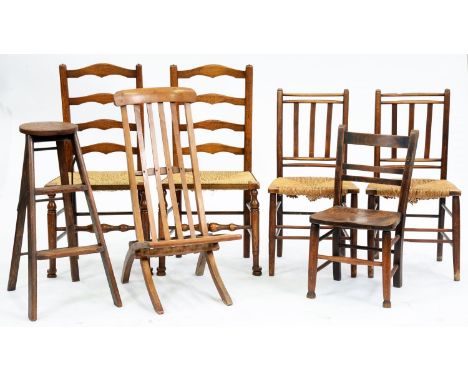 An oak two tread folding step ladder,&nbsp;with iron straps, early 20th c and five 19th c dining chairs and a Victorian foldi
