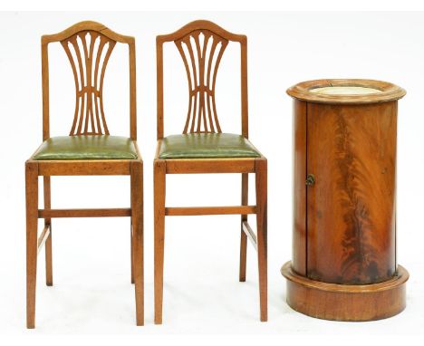 A Victorian cylindrical mahogany pillar pot cupboard, with marble inset top, 72cm h; 38cm diam and a pair of mahogany child's