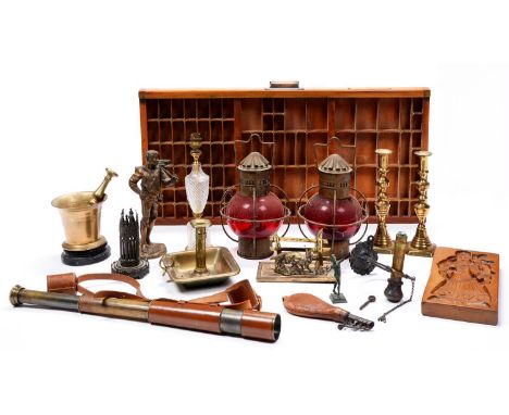 Miscellaneous Victorian and other brass articles, to include a pestle and mortar, shot flask, candlesticks, spill holder, tel