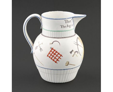 A pearlware ale jug, c1810, inscribed around the cylindrical neck Thos Weeks The Jug is Empty Again and enamelled with the im