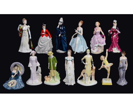 Thirteen Royal Worcester, Royal Doulton, Coalport and other bone china figures of young women, various sizes, printed marks  