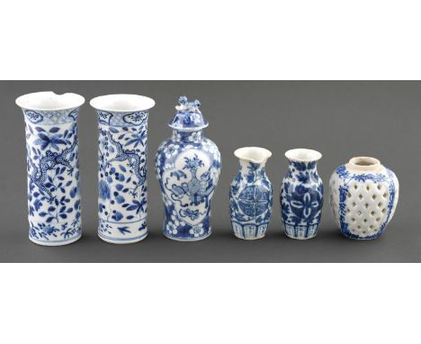 A Chinese blue and white prunus-on-cracked-ice ground vase and cover, late 19th c, 15cm h, Kangxi mark and five other items (