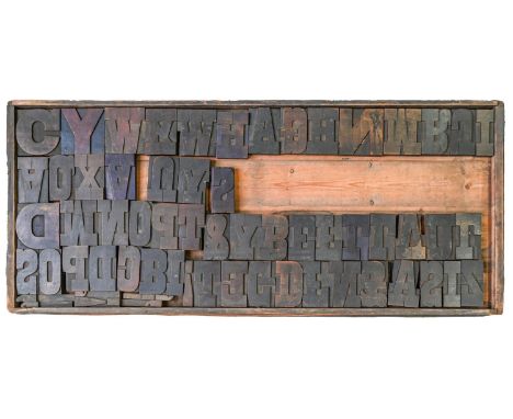 British Letterpress Printing.&nbsp; A case of wood type, (woodletter) first half 20th c,&nbsp;including poster type  