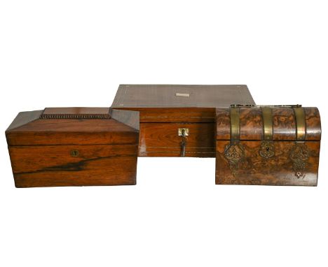 A Victorian rosewood and mother of pearl line inlaid writing box, 35.5cm long, &nbsp;a Victorian rosewood tea caddy of sarcop